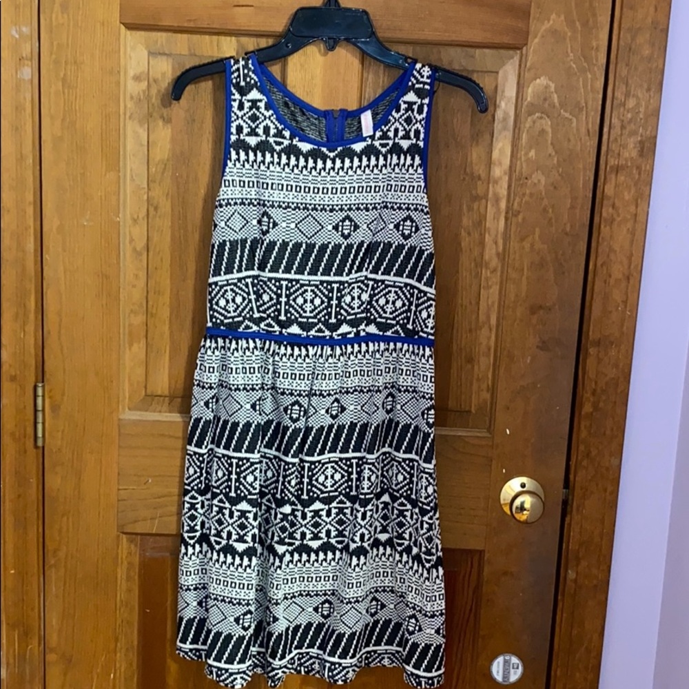 Mid-length Black + White + Blue Patterned Dress